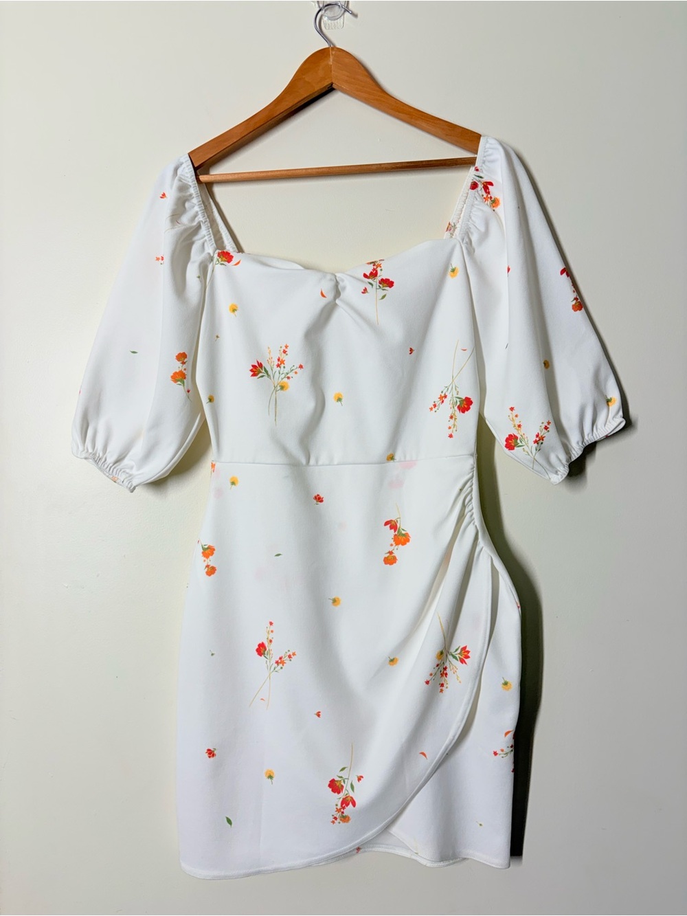 White Floral Cottagecore Mini Dress Puff Sleeve Ruched Wrap Soft Girl